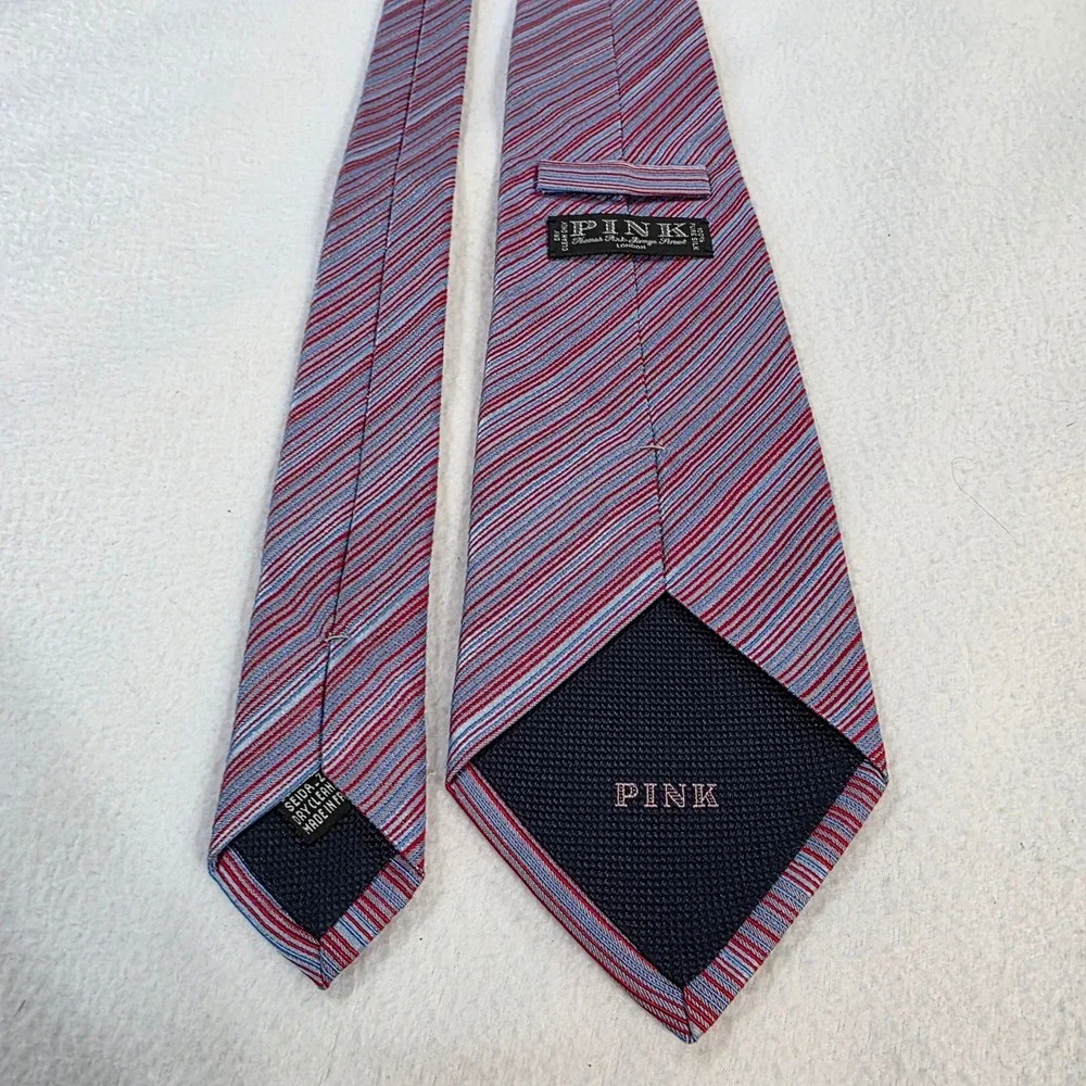 Thomas Pink London Mens Silk Tie Red Blue Grey Striped Made in France Classic